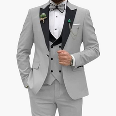 Herren Anzug dreiteilig mit Slim Fit und Kontrastrevers in Hellgrau