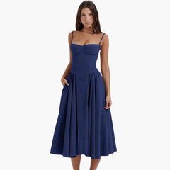 Midikleid Damen – Retro Corsagenkleid mit Trägern Sommer in Dunkelblau