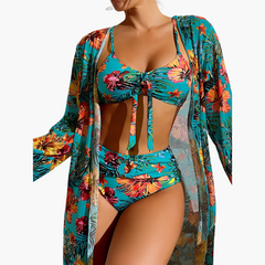 3-teiliges Bikini-Set - Damen Strand-Outfit mit Cover-up in Blau