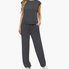 Zweiteiliges Sommer Set für Damen mit Kappärmeln und Taschen in Dunkelgrau
