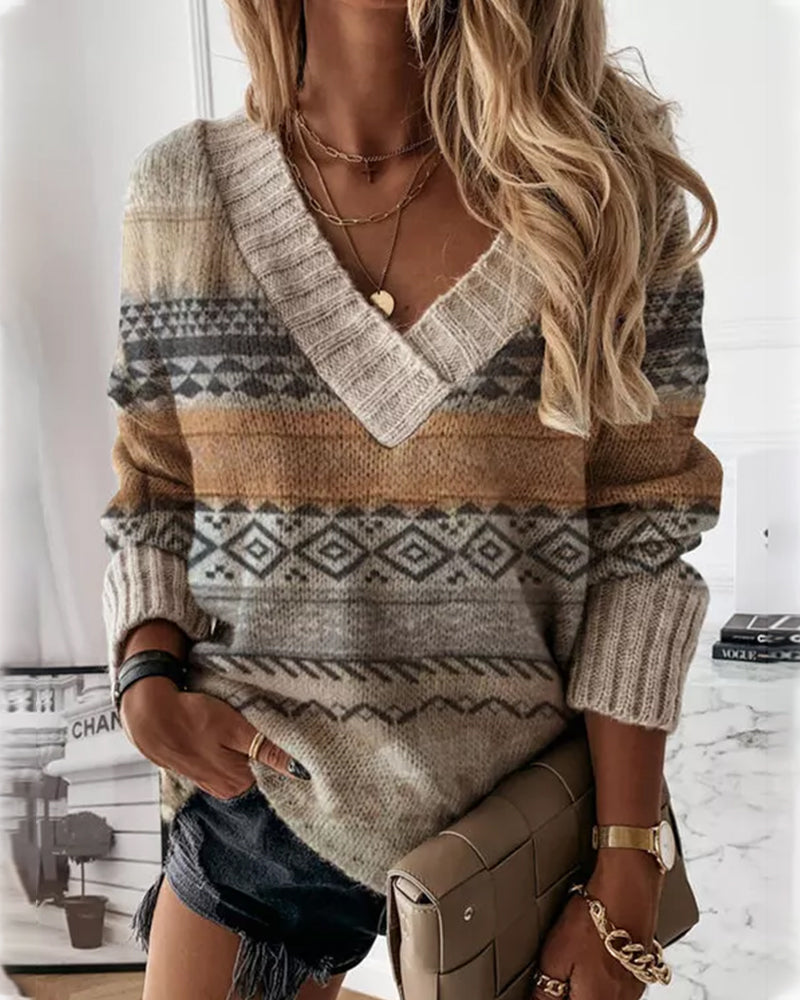 Pullover mit V-Ausschnitt und geometrischem Druck für Frauen