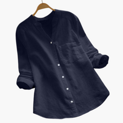 Lockere Hemdbluse für Damen - Langarm, Stehkragen & Casual in Dunkelblau