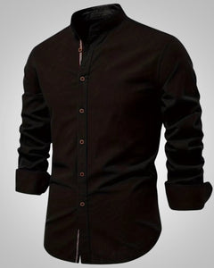 Herren Stehkragen Slim Fit Casual Hemd in Schwarz