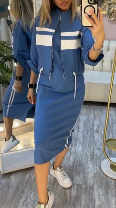 Feyra™ - Lässiges und Stilvolles Set mit Rundhalsausschnitt-Kleid und Jacke für Damen in Blau