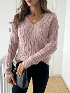 SCHLICHTER V-AUSSCHNITT KABELSTRICKPULLOVER FÜR DAMEN | ELEGANTER, BEQUEMER STIL in Blass Rosa-Grau