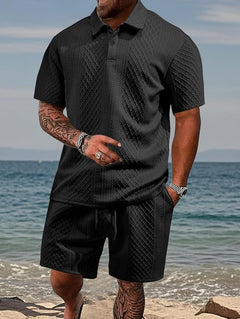 Niall - Strukturiertes Set aus Poloshirt und Shorts in Schwarz