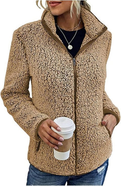 Fleece-Strickjacke mit Reißverschluss und Taschen für Frauen in Khaki