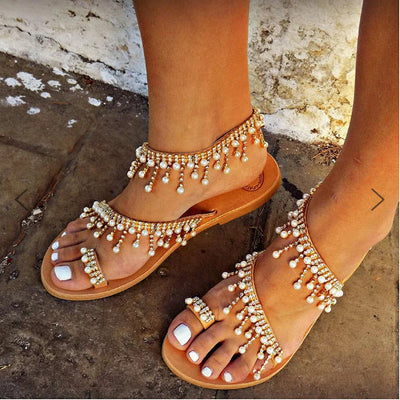 Pia® | Sandalen Flache Perlen Bequeme String Perlen Hausschuhe