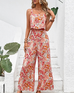 Damen Geblümter Ärmelloser Jumpsuit | Weites Bein in Rosa