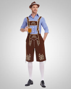 Alexander | Herren Lässig Oktoberfest Lederhose in Blaues Oberteil + braune Hose + brauner Hut