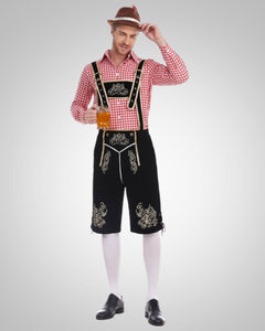 Alexander | Herren Lässig Oktoberfest Lederhose in Rosa Oberteil + schwarze Hose + brauner Hut