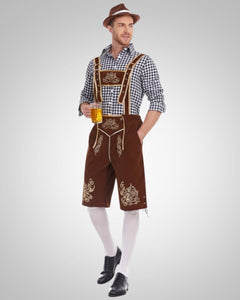 Alexander | Herren Lässig Oktoberfest Lederhose in Schwarzes Oberteil + Braune Hose + Brauner Hut
