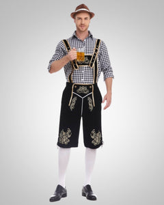 Alexander | Herren Lässig Oktoberfest Lederhose in Schwarzes Oberteil + Schwarze Hose + Brauner Hut