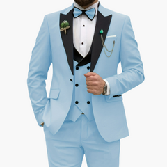 Herren Anzug dreiteilig mit Slim Fit und Kontrastrevers in Hellblau