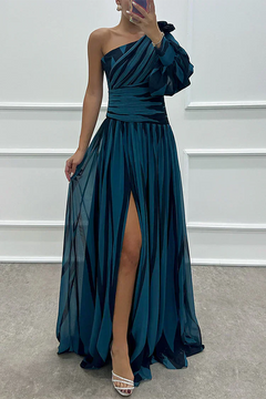 Katrina | Einschulter Asymmetrisch Maxi Hochzeitsgastkleid in Marineblau