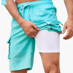 Herren Badeshorts mit Stretchstoff und Seitentasche in Mehrblau