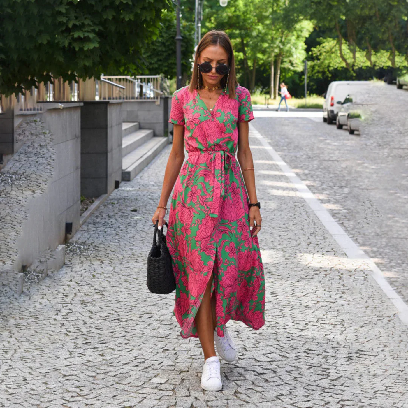 V-Ausschnitt Bedrucktes Kleid mit Schlitz für Damen