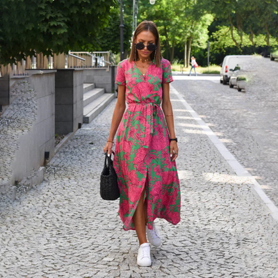 V-Ausschnitt Bedrucktes Kleid mit Schlitz für Damen