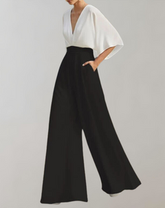 Melanie | Lässiger Jumpsuit mit weiten Beinen in Weiß Schwarz