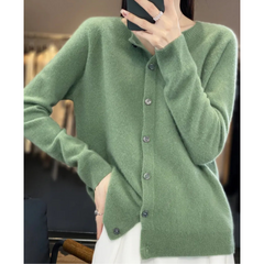 Damen Strickjacke mit O-Ausschnitt aus reiner Merinowoll in Hellgrün