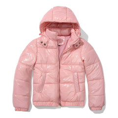 Yazmin - Eine dicke, glänzende Damenjacke mit Kapuze in Rosa