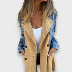 Ariana – Mantel aus Denim &amp; Veloursleder-Optik in Beige