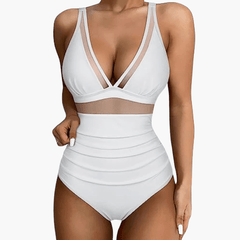 Badeanzug mit Mesh für Damen – sexy Einteiler High Waist in Weiß