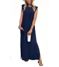 Romaisa | Lässiges langes Kleid mit Schlitz und bügelfrei in Marineblau