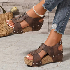 Misfa | Stylische Retro-Keilsandalen mit Reißverschluss in Braun