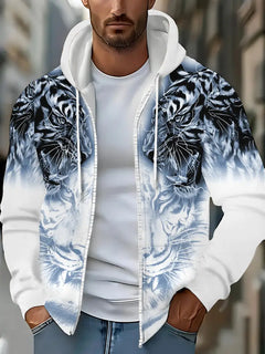 Murillo – Lässige Langarm Kapuzenpullover Jacke Mit Tigerprint in Blau