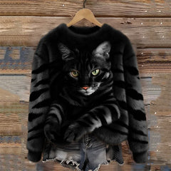 Jules – Weiches Plüsch Sweatshirt Mit Tabby Katzen Und Tiger Muster in Schwarz