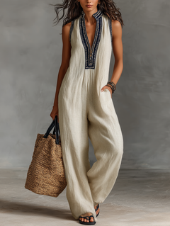 Hannelore | Damen Ärmelloser Jumpsuit Leinen Stickerei – Leinen Overall Stickerei 2026 in Foto Farbe
