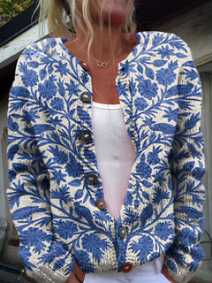 Mathilda - Luxuriöser Strickjacke mit Blumenmuster in Blaue Blumen