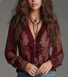 Taviana - Bluse mit weicher Haptik und Rüschen-Details in Dunkelrot