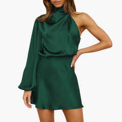 Satin-Halterkleid - für Damen mit asymmetrischem Ärmel in Grün