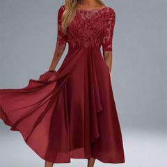 Elisa | Elegantes Midikleid mit Spitze in Weinrot