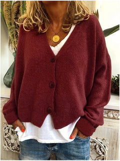 Strickjacke für Damen, Dicker Strick und lässiger Schnitt - Elvarine in Weinrot