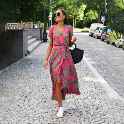 V-Ausschnitt Bedrucktes Kleid mit Schlitz für Damen