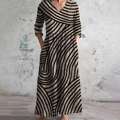 Damen Sommer-Halber Ärmel Maxikleid mit Streifen und V-Ausschnitt