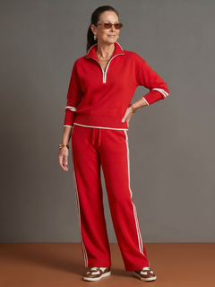 Regen | Zip-Hals Langarm-Seitenstreifen Leggings-Set in Rot