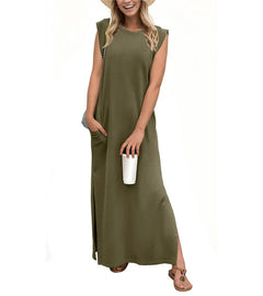 Romaisa | Lässiges langes Kleid mit Schlitz und bügelfrei in Militärgrün