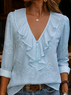 Nalevia - Soft-Touch-Langarmshirt mit V-Ausschnitt in Blau