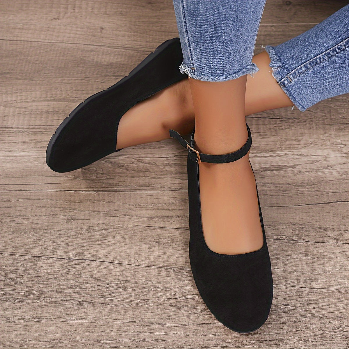 Schwarze Dirndl Schuhe mit Knöchelriemen für Damen | Flach