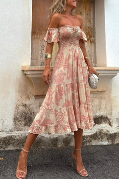 Midikleid mit Schulterausschnitten und romantischem Druck – Pitaya in Beige