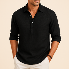 Gustav | Herren Klassisches Henley Poloshirt mit langen Ärmeln in Schwarz