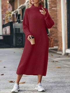 Damen Strickkleid Rollkragen | Langarm und Midi-Länge in Rot