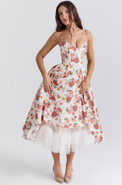 Luce - Satin-Tüll-Midikleid in BLUMENMUSTER