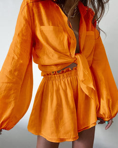 Stilvolles Leinen Bindebluse und Shorts Sommerset für Damen in Orange