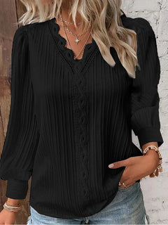 Hannah | Glockenärmel Transparenter Einsatz Bluse in Schwarz