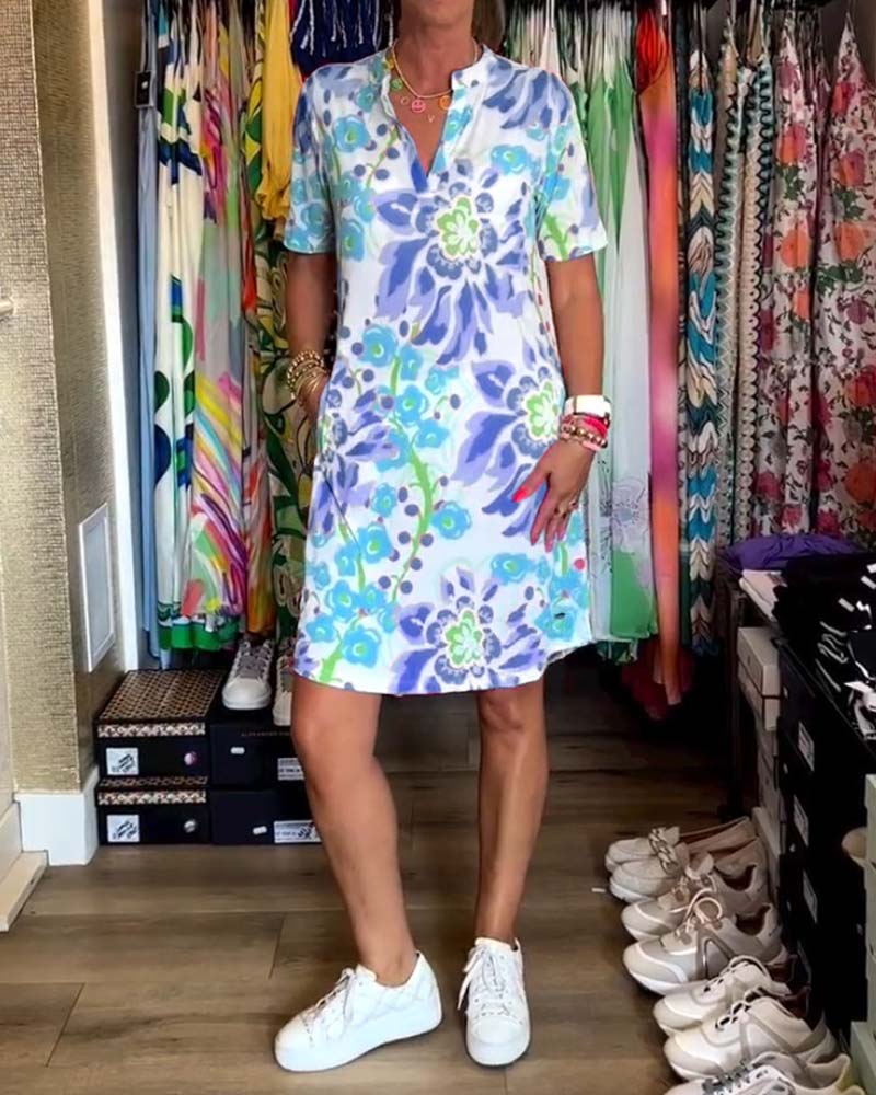 Agnes - Kleid mit kurzen Ärmeln, Blumendruck und V-Ausschnitt